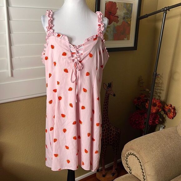 SHEIN Dresses & Skirts - SHEIN Curve Strawberry Print Lace Up Front Frill Trim Dress, SZ 2X